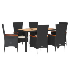 7 pcs conjunto de jantar p/ jardim c/ almofadões vime PE preto H