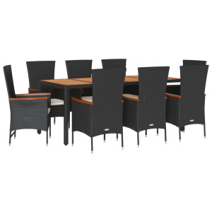 9 pcs conjunto de jantar p/ jardim c/ almofadões vime PE preto H