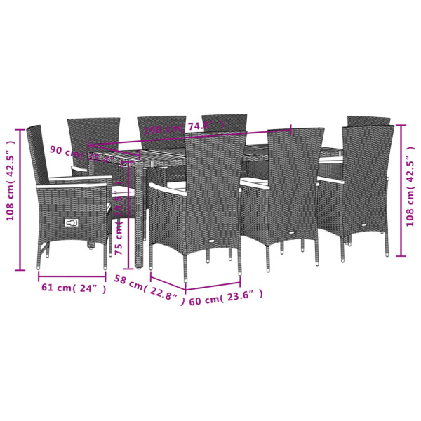 Set de comedor de jardín 9 pzas y cojines ratán sintético negro M 5
