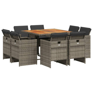 9 pcs conjunto de jantar p/ jardim c/ almofadões vime PE cinza H