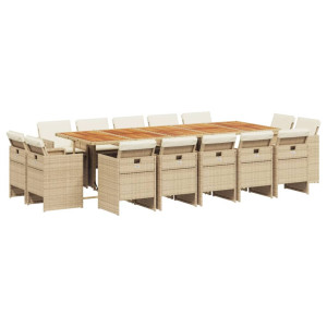 15 pcs conjunto de jantar p/ jardim com almofadões vime PE bege H