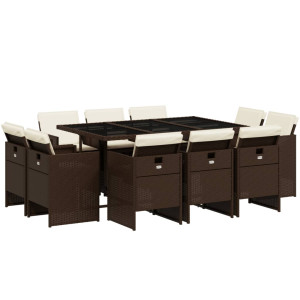 11 pcs conjunto jantar p/ jardim c/ almofadões vime PE castanho H