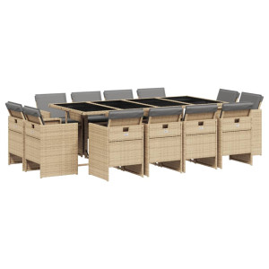 Set comedor de jardín con cojines 13 pzas ratán sintético beige H