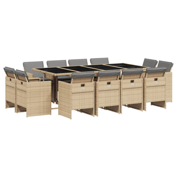 Set comedor de jardín con cojines 13 pzas ratán sintético beige M 2