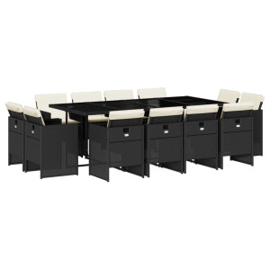 Set comedor de jardín con cojines 13 pzas ratán sintético negro H