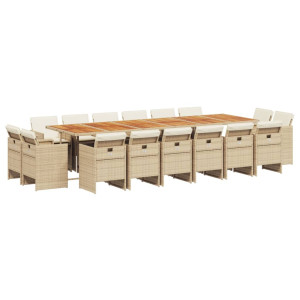 Set comedor de jardín 17 pzas con cojines ratán sintético beige H