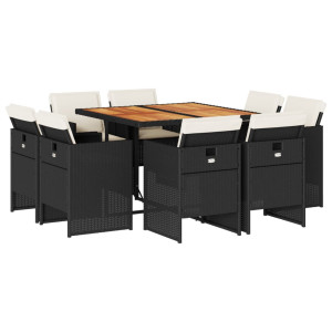 Set de comedor de jardín 9 pzas y cojines ratán sintético negro H