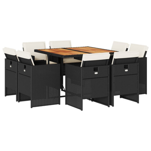 Set de comedor de jardín 9 pzas y cojines ratán sintético negro M 2