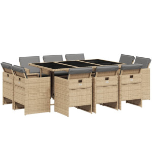 Set comedor de jardín 11 pzas con cojines ratán sintético beige H