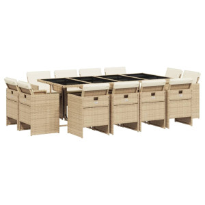 Set comedor de jardín con cojines 13 pzas ratán sintético beige H