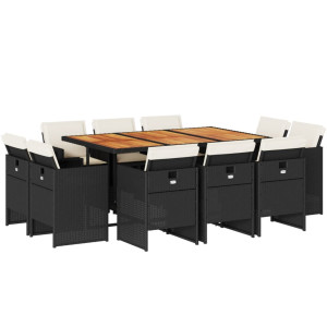11 pcs conjunto de jantar p/ jardim c/ almofadões vime PE preto H