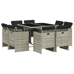 9 pcs conjunto de jantar p/ jardim c/ almofadões cinzento claro H