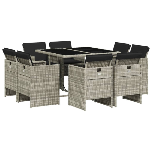 Set comedor de jardín 9 pzas cojines ratán sintético gris claro M 2