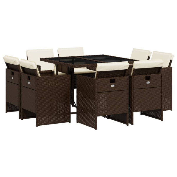 Set comedor para jardín 9 pzas y cojines ratán sintético marrón M 2