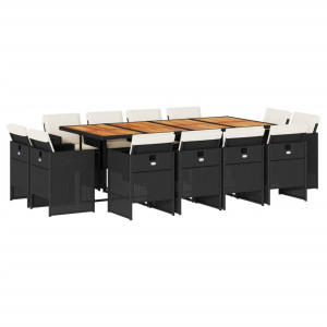 Set comedor de jardín con cojines 13 pzas ratán sintético negro H