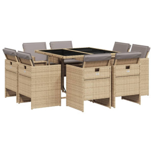 Set comedor de jardín 9 pzas con cojines ratán sintético beige H