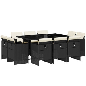 11 pcs conjunto de jantar p/ jardim c/ almofadões vime PE preto H