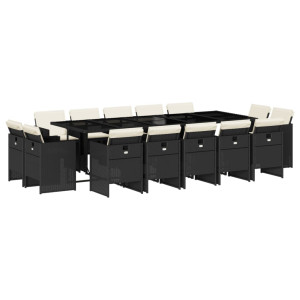 15 pcs conjunto de jantar p/jardim com almofadões vime PE preto H