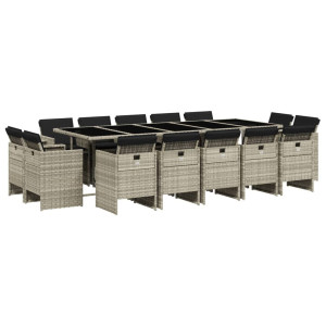 15 pcs conj. jantar jardim c/ almofadões vime PE cinzento-claro H