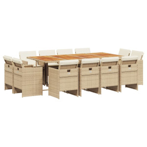 Set comedor de jardín con cojines 13 pzas ratán sintético beige H