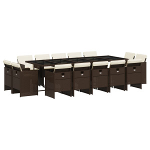 15 pcs conjunto jantar p/ jardim c/ almofadões vime PE castanho H