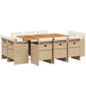 11 pcs conjunto de jantar p/ jardim com almofadões vime PE bege H