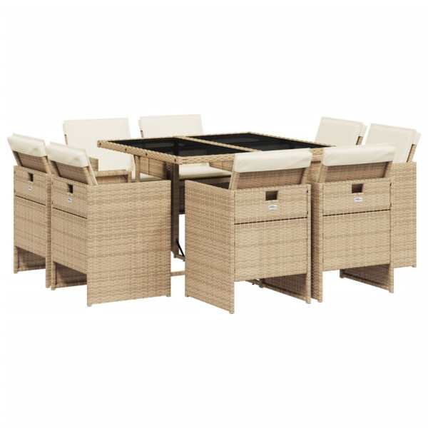 Set comedor de jardín 9 pzas con cojines ratán sintético beige D