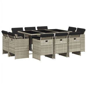 11 pcs conjunto jantar p/ jardim c/ almofadões vime PE cinzento H