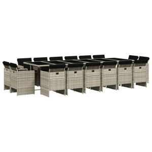 17 pcs conj. jantar jardim c/ almofadões vime PE cinzento-claro H