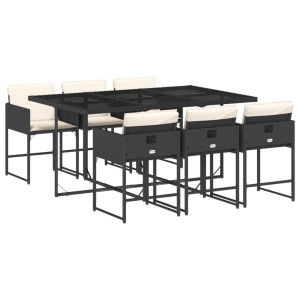 7 pcs conjunto de jantar p/ jardim c/ almofadões vime PE preto H