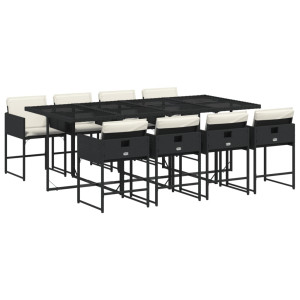 9 pcs conjunto de jantar p/ jardim c/ almofadões vime PE preto H