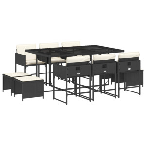 11 pcs conjunto de jantar p/ jardim c/ almofadões vime PE preto H