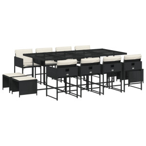 13 pcs conjunto de jantar p/jardim com almofadões vime PE preto H