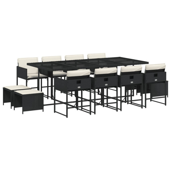 Set comedor de jardín con cojines 13 pzas ratán sintético negro M 2