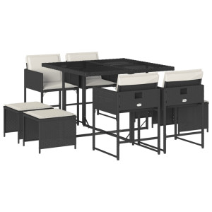 9 pcs conjunto de jantar p/ jardim c/ almofadões vime PE preto H