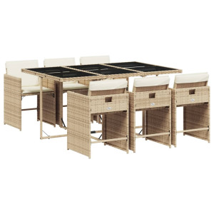 7 pcs conjunto de jantar p/ jardim com almofadões vime PE bege H