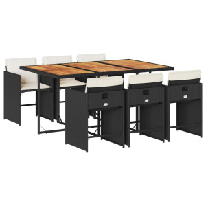7 pcs conjunto de jantar p/ jardim c/ almofadões vime PE preto H
