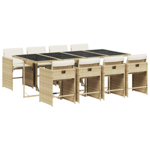 9 pcs conjunto de jantar p/ jardim com almofadões vime PE bege H