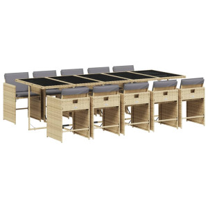 11 pcs conj. jantar jardim c/ almofadões vime PE bege misturado H