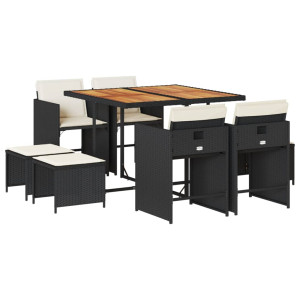9 pcs conjunto de jantar p/ jardim c/ almofadões vime PE preto H