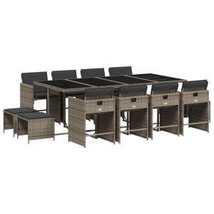 13 pcs conjunto jantar p/ jardim c/ almofadões vime PE cinzento H