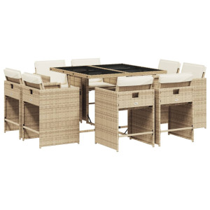 9 pcs conjunto de jantar p/ jardim com almofadões vime PE bege H