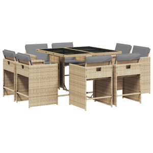 Set comedor de jardín 9 pzas con cojines ratán sintético beige H