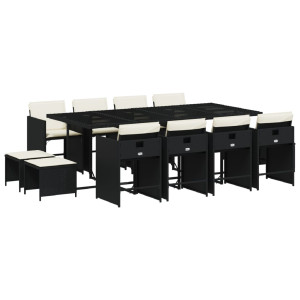 Set comedor de jardín con cojines 13 pzas ratán sintético negro H