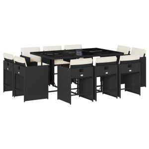 11 pcs conjunto de jantar p/ jardim c/ almofadões vime PE preto H