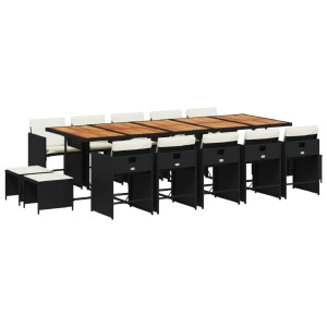 15 pcs conjunto de jantar p/jardim com almofadões vime PE preto H
