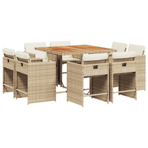 9 pcs conjunto de jantar p/ jardim com almofadões vime PE bege H