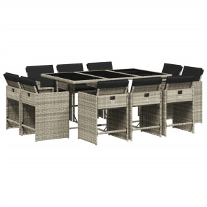 11 pcs conjunto jantar p/ jardim c/ almofadões vime PE cinzento H