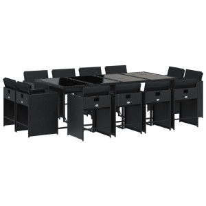 Set comedor de jardín con cojines 13 pzas ratán sintético negro H