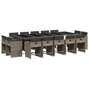 15 pcs conjunto jantar p/ jardim c/ almofadões vime PE cinzento H